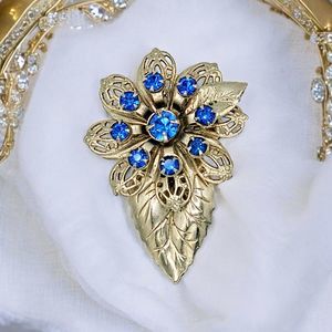 Filigree Flower Brooch Vtg Blue Crystal 10K GP Elegant Floral Bloom Estate Pin